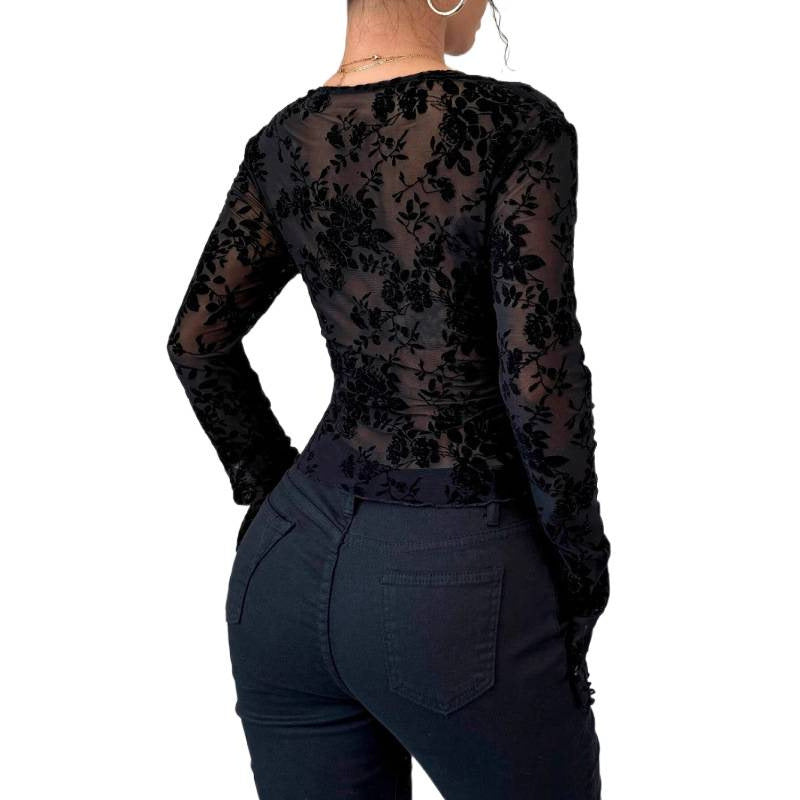 Damen Spitzen-Bodysuit mit tiefem V-Ausschnitt und romantischen Rüschendetails Echo Archiv