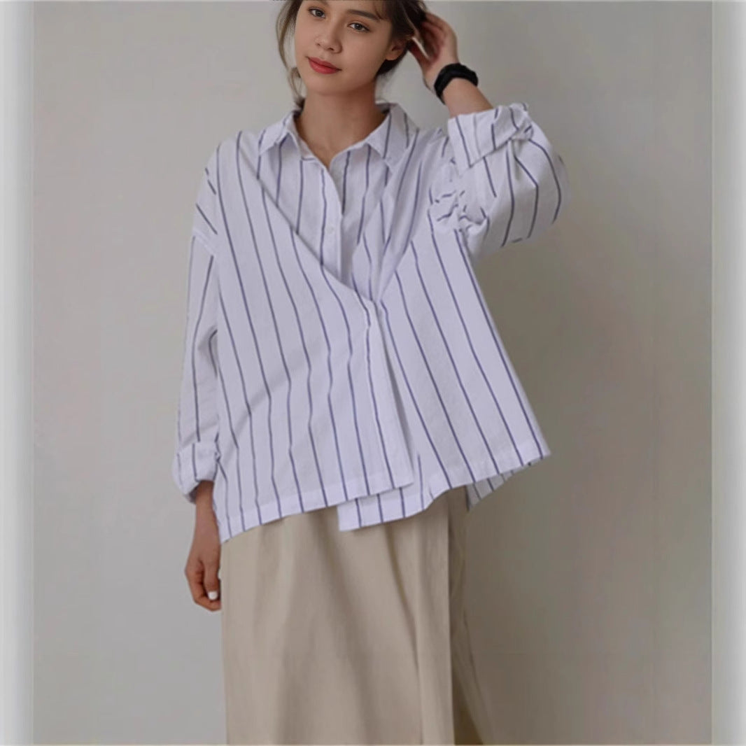 Damen Oversize-Kastenhemdbluse aus Leinen-Baumwollmix mit vertikaler Nadelstreifen-Optik und legerer Silhouette – Maréline