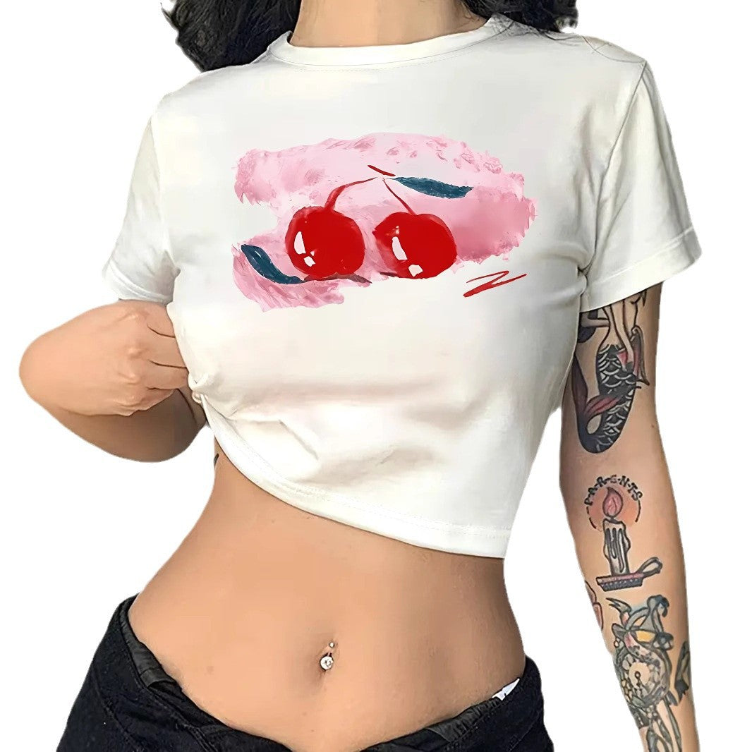 Damen Crop-T-Shirt mit fröhlichem Kirschmotiv und kurzem Schnitt Echo Archiv