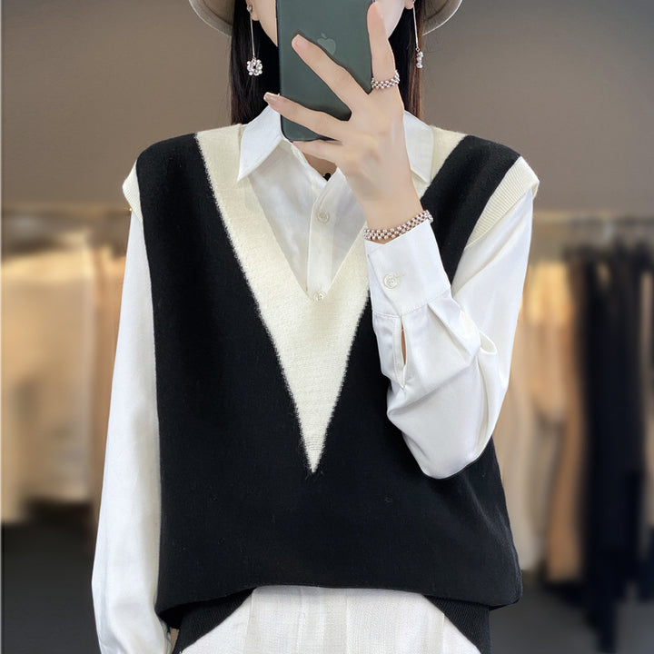Damen Strukturiertes Feinstrick-Longvest mit tiefem V-Ausschnitt und kontrastierendem V-Paneel Echoarchiv