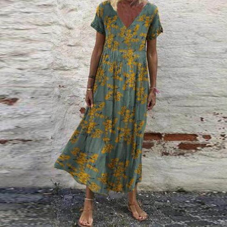 Damen nan V-Ausschnitt-Maxikleid mit feinem Faltenrock, Empire-Passe und Kurzarm Echo Archiv
