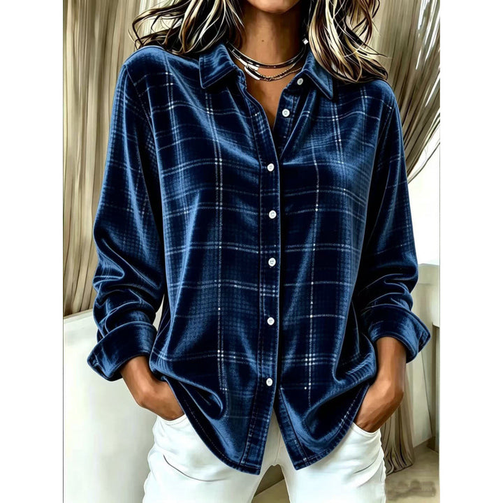 Damen Samt-Hemdbluse mit Karomuster und lockerem Oversize-Schnitt Echoarchiv