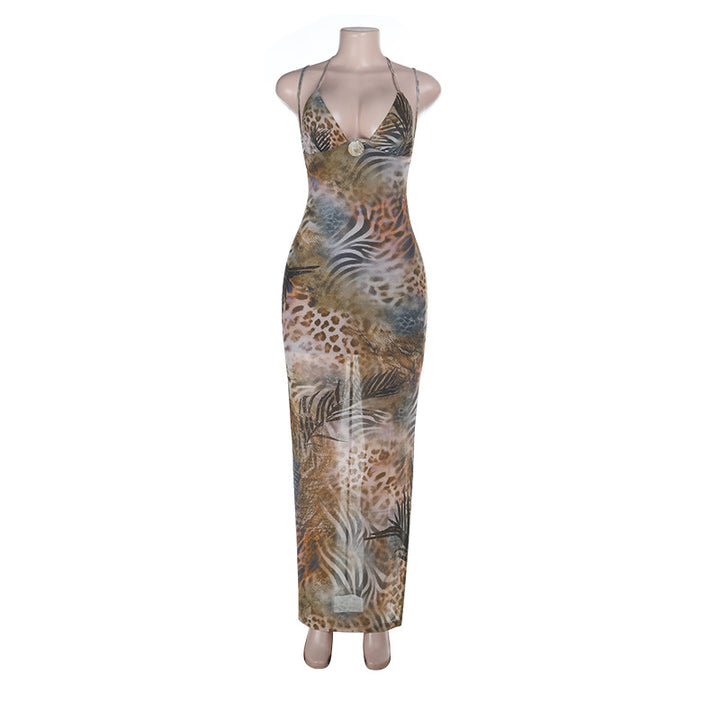 Damen Maxikleid mit tiefem V-Ausschnitt und animalischem Print Echo Archiv