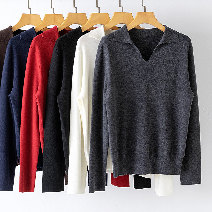 Damen feiner leichter V-Ausschnitt-Pullover mit offenem Hemdkragen und legerer Silhouette Echoarchiv