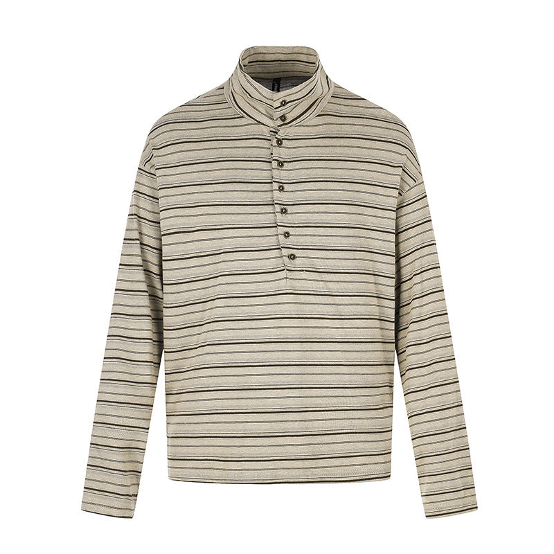 Herren Lässiges Henley-Langarmshirt mit Stehkragen und feinem Streifenmuster Echoarchiv