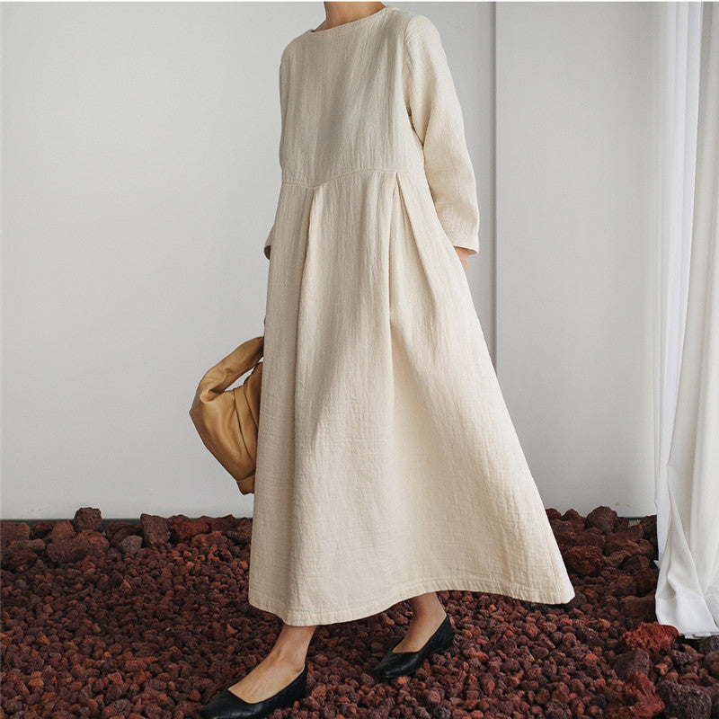 Damen Maxikleid aus Leinenmix mit geraffter Hüftpasse, seitlichen Eingrifftaschen und weitem Tellerrock – Valéora