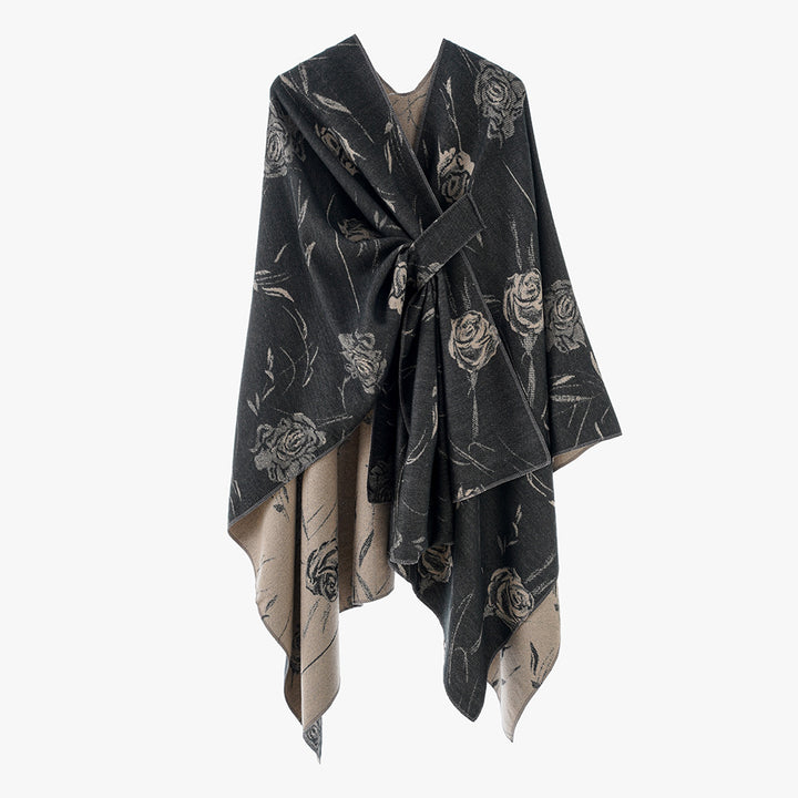 Damen Wendbarer Capeponcho mit Rosen-Jacquard und Bindegürtel Echo Archiv