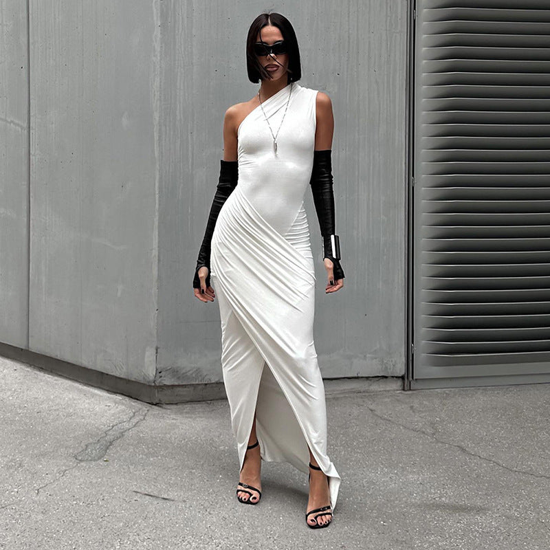 Damen elegantes Bodycon Abendkleid mit asymmetrischem Ausschnitt und Schlitz Echo Archiv