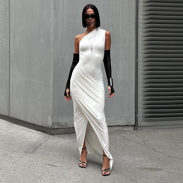 Damen elegantes Bodycon Abendkleid mit asymmetrischem Ausschnitt und Schlitz Echo Archiv