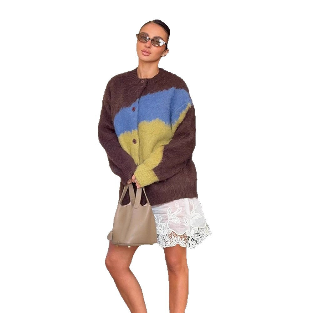 Damen Oversize Mohair-Blend Cardigan mit abstraktem Farbblock und Knopfleiste Echoarchiv