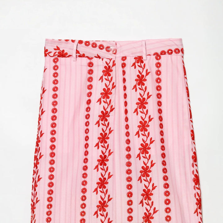 Damen Hochtaillierte Palazzo-Hose mit floraler Stickerei Echo Archiv