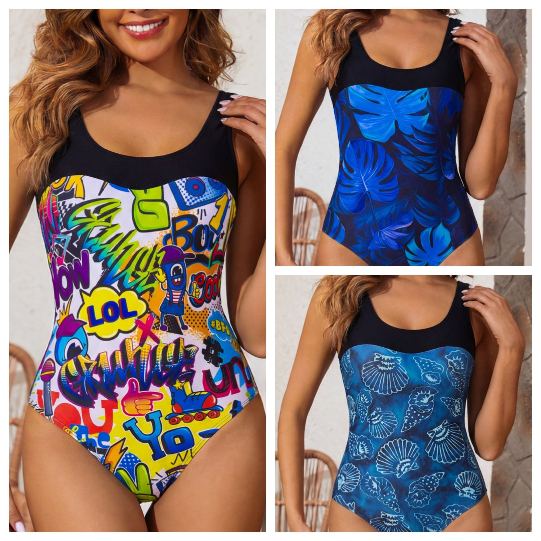 Damen Einteiliger Badeanzug mit buntem Graffiti-Design Echo Archiv