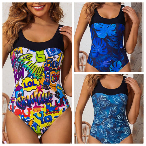 Damen Einteiliger Badeanzug mit buntem Graffiti-Design Echo Archiv