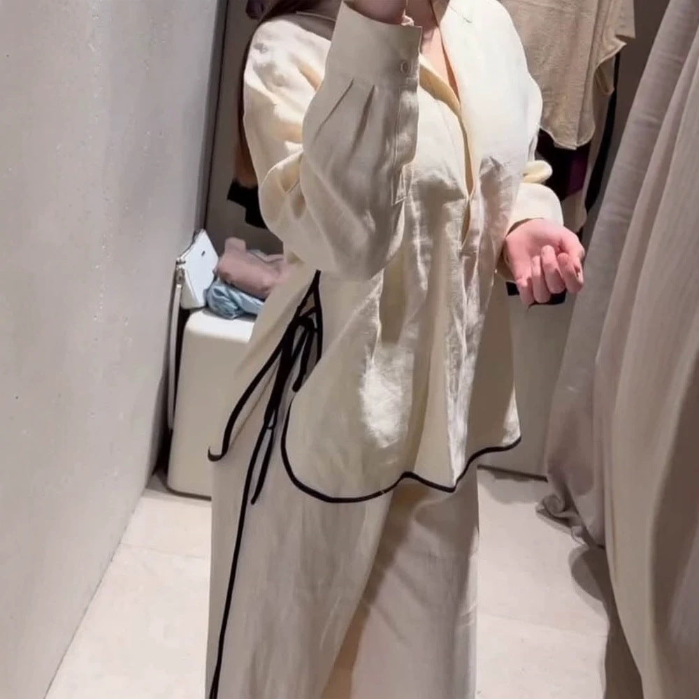 Damen Leichtes Leinen-Loungewear-Set mit weitem Bein, Hemdkragen & Kontrastpaspel Echoarchiv