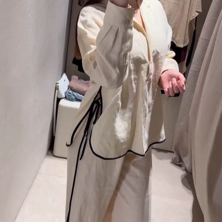 Damen Leichtes Leinen-Loungewear-Set mit weitem Bein, Hemdkragen & Kontrastpaspel Echoarchiv