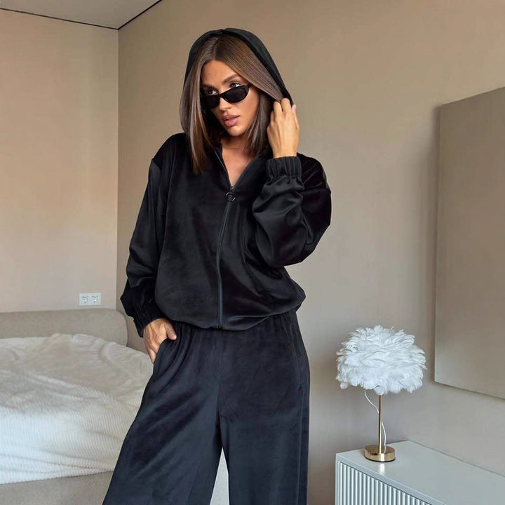 Damen Loungewear-Set mit leichtem Zip-Hoodie, elastischen Bündchen und weiten Palazzo-Hose – Avérine