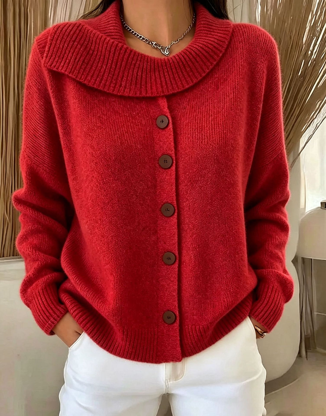 Damen Kuscheliger Knopf-Cardigan mit breitem Rollkragen und gerippten Bündchen – Veloura