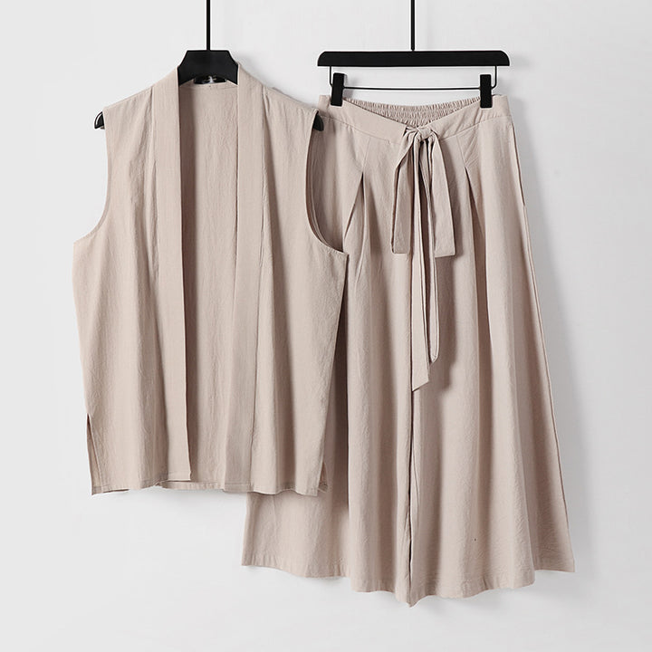 Damen Ärmellose Kimono-Weste und Hochtaillierte Culotte-Hose mit Bindegürtel Echoarchiv