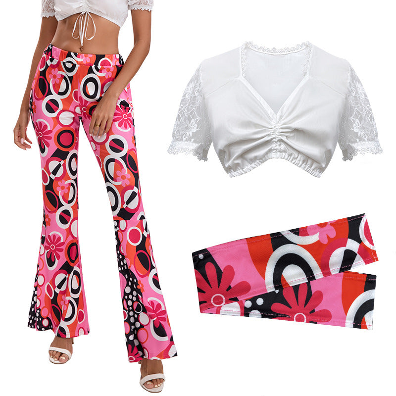 Damen nan Retro Schlaghose Set mit Spitzen-Cropped-Top und bedrucktem Stirnband Echo Archiv