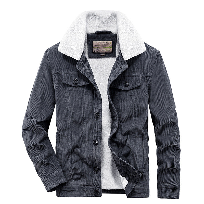 Herren Kord-Workerjacke mit durchgehendem Teddyfutter, Hemdkragen und Brusttasche Echoarchiv