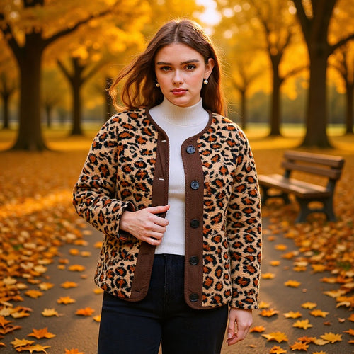 Damen Kurzjacke im Teddy‑Look mit Leopardenmuster und Knopfverschluss Echo Archiv