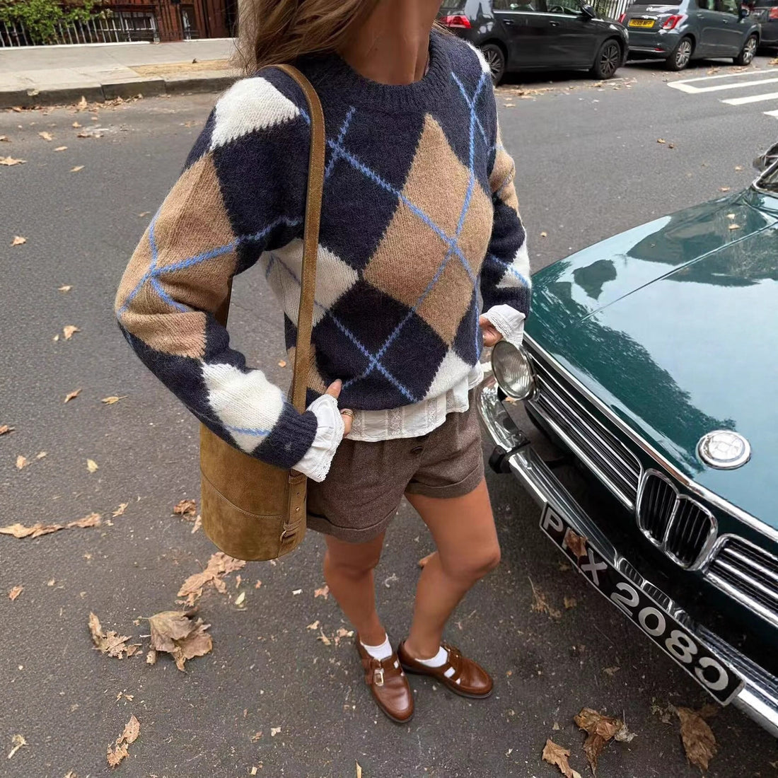 Damen Oversize‑Argyle‑Strickpullover mit Rundhals, überschnittenen Schultern und Rippbündchen Echoarchiv