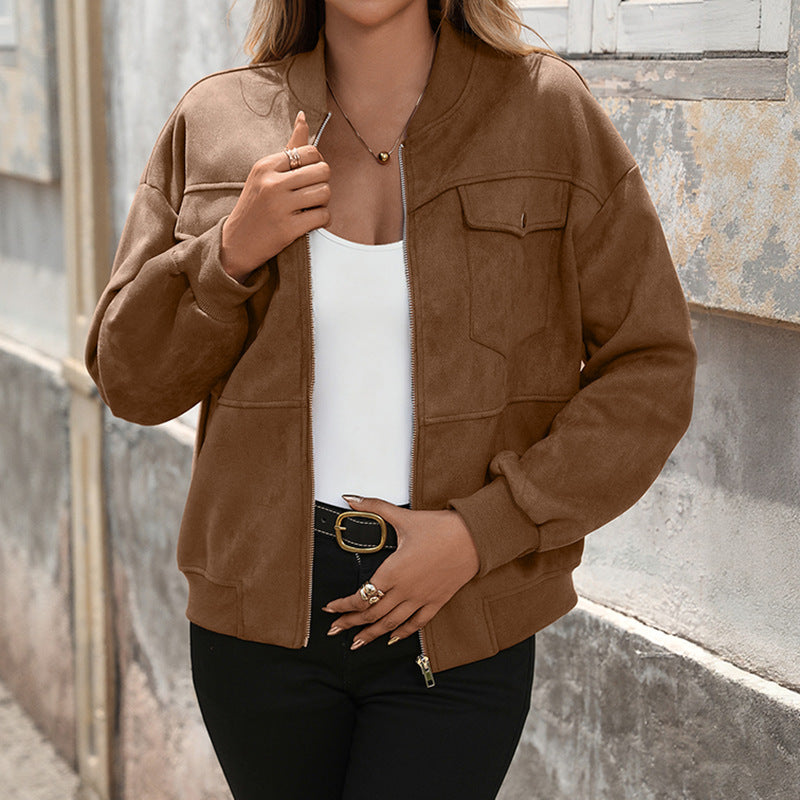Damen Oversize Wildlederoptik-Bomberjacke mit Brustklappen und Reißverschluss – Avenza