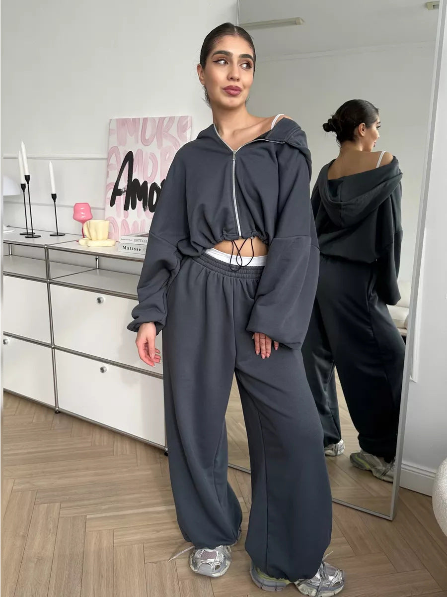 Damen nan cropped Reißverschluss-Hoodie mit Tunnelzugsaum und weitem Sweatpants-Schnitt Echo Archiv