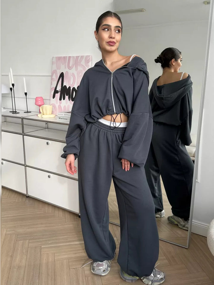 Damen nan cropped Reißverschluss-Hoodie mit Tunnelzugsaum und weitem Sweatpants-Schnitt Echo Archiv