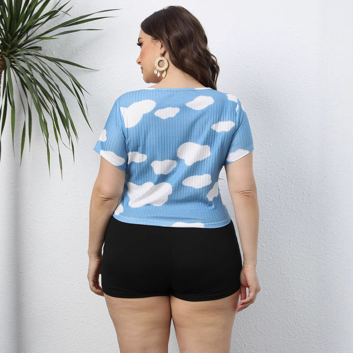 Damen cropped T-Shirt mit Wolkenmuster und elastischem Bund Echo Archiv