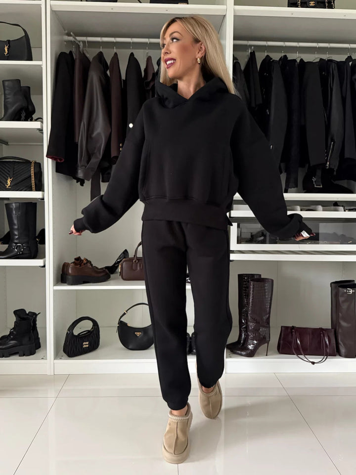 Damen Kurzgeschnittenes Kapuzen-Hoodie und High‑Waist Jogginghose Set aus weichem French-Terry – Auréline