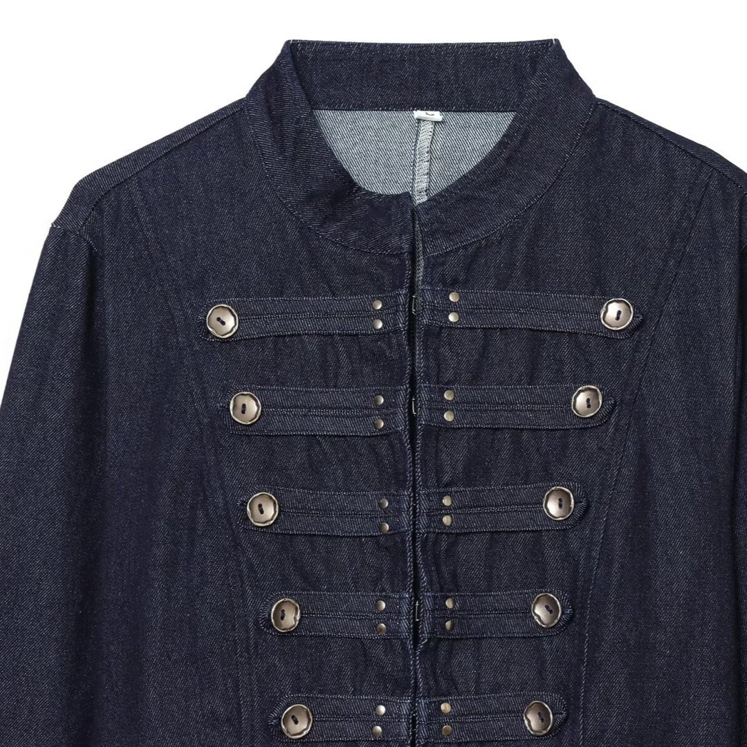 Damen Cropped Denim Militärjacke mit Stehkragen und dekorativer Zierknopfleiste Echo Archiv