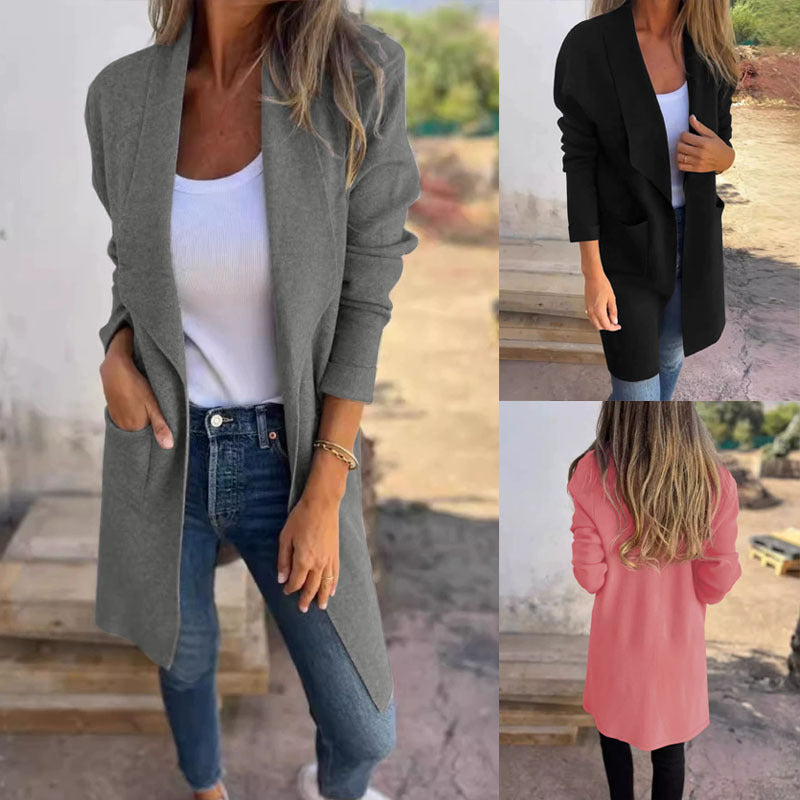Damen Langer offener Cardigan mit Schalkragen, Eingrifftaschen und leichtem Fall – Veloura