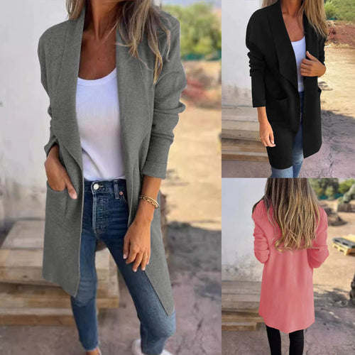 Damen Langer offener Cardigan mit Schalkragen, Eingrifftaschen und leichtem Fall – Veloura