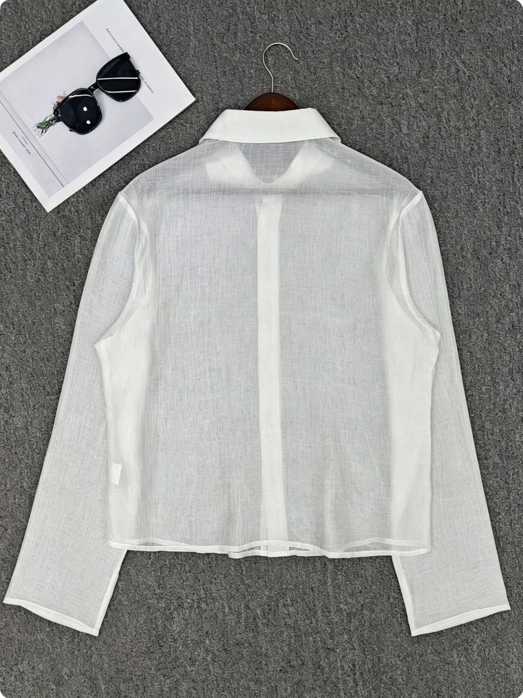 Damen Transparente Hemdbluse in Leinenoptik mit Kentkragen Echoarchiv