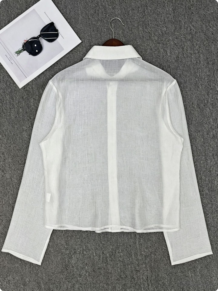 Damen Transparente Hemdbluse in Leinenoptik mit Kentkragen Echoarchiv