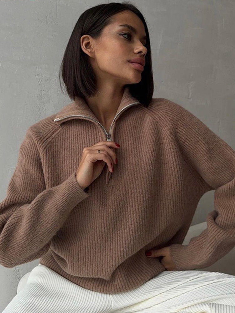 Damen Gerippter Wollmix-Pullover mit halbem Reißverschluss und weitem Stehkragen Echoarchiv