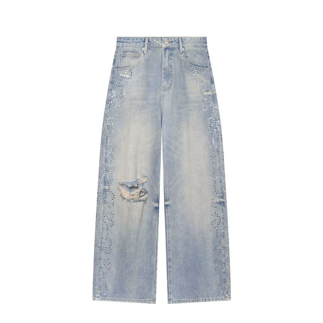 Damen High Waist Jeans mit weitem Bein, Destroyed-Details und Nietenapplikation Echo Archiv