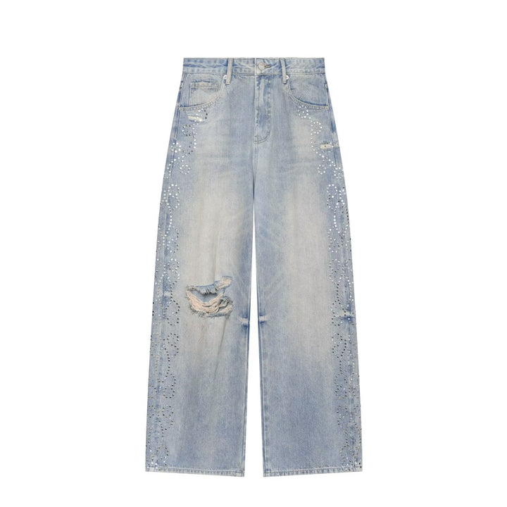 Damen High Waist Jeans mit weitem Bein, Destroyed-Details und Nietenapplikation Echo Archiv