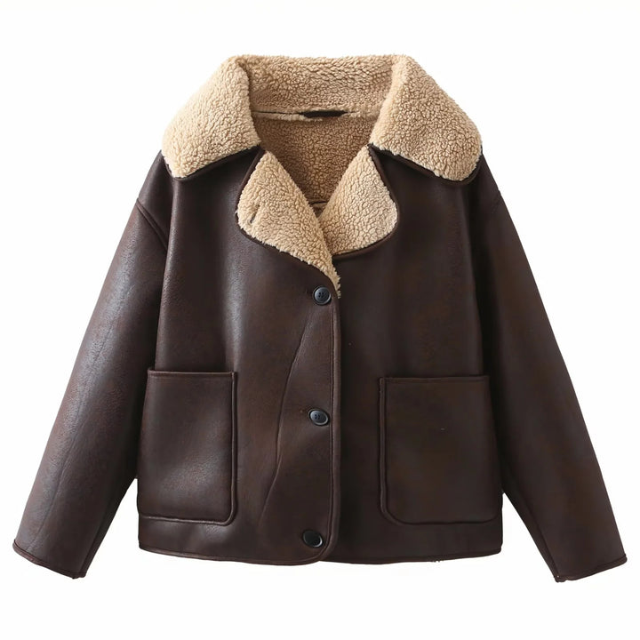 Damen kastige Kunstleder‑Schaffelljacke mit großem Teddykragen, aufgesetzten Fronttaschen und Knopfverschluss – Célinea