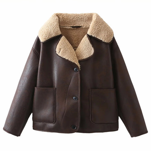 Damen kastige Kunstleder‑Schaffelljacke mit großem Teddykragen, aufgesetzten Fronttaschen und Knopfverschluss – Célinea