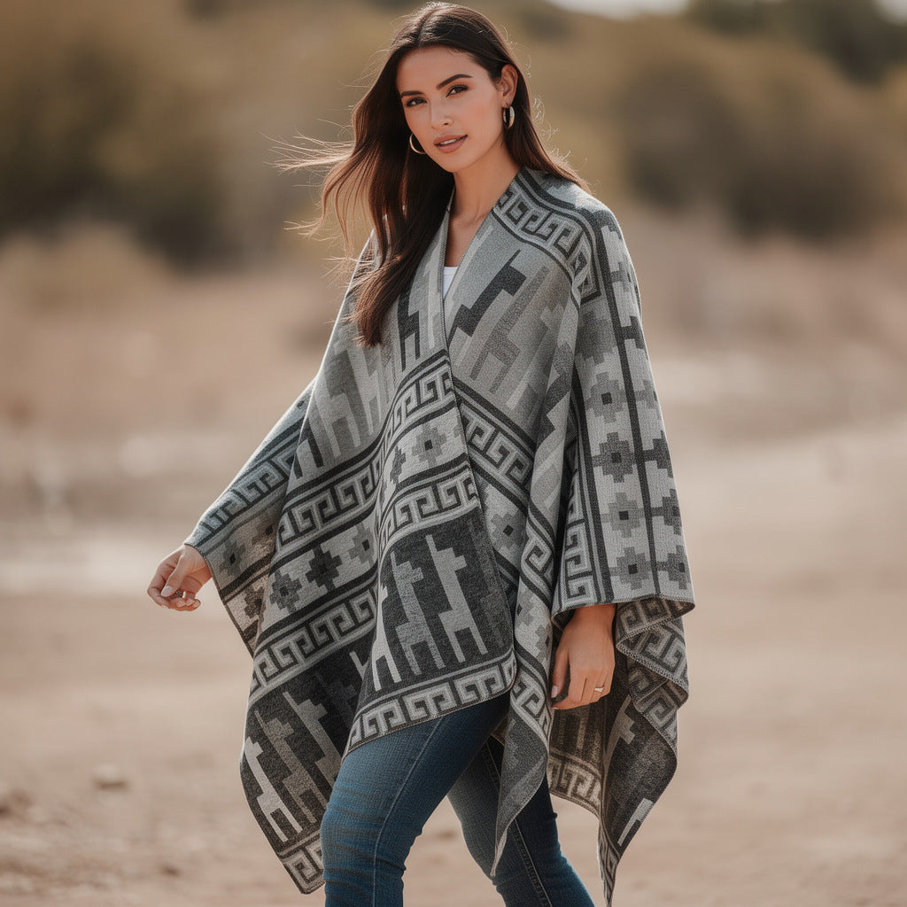 Damen Wolloptik-Poncho im Überwurfstil mit grafischem Reiter-Jacquard – Avérine