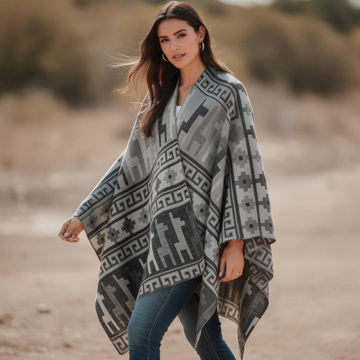 Damen Wolloptik-Poncho im Überwurfstil mit grafischem Reiter-Jacquard – Avérine