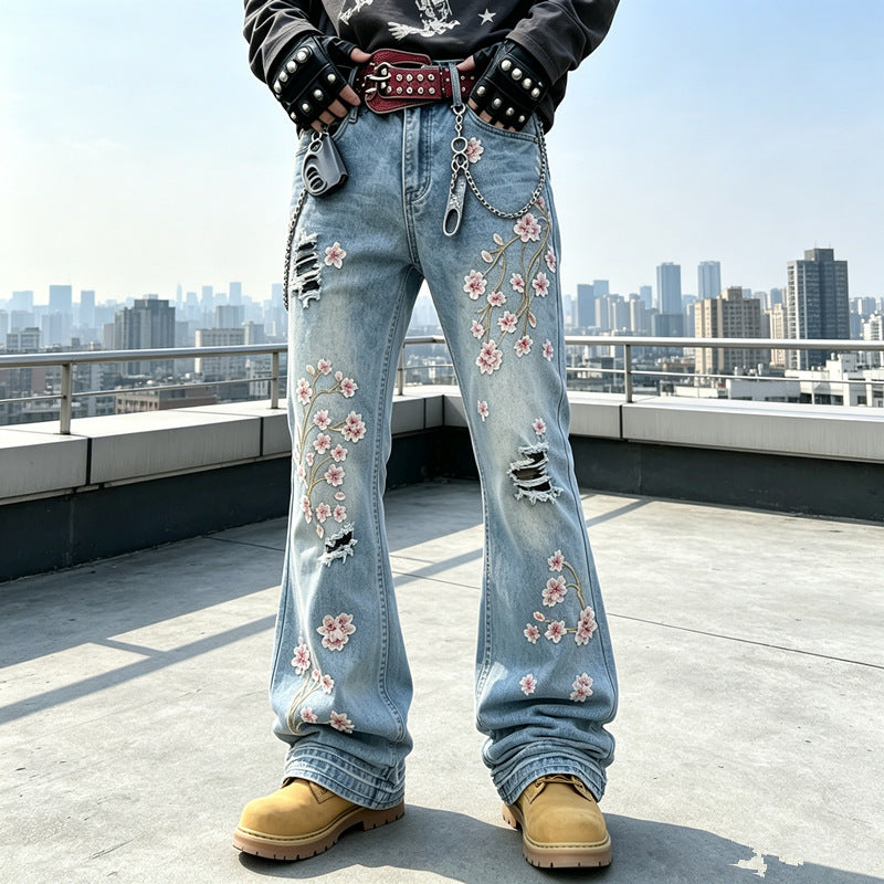 Damen Modische Flared Jeans mit Blumenstickerei Echoarchiv