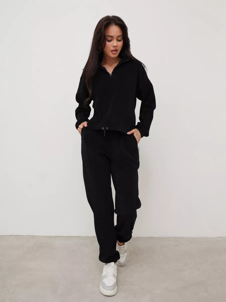 Damen weiches Lounge-Set mit halbem Reißverschluss, Kordelzughose und elastischen Bündchen – Avérine
