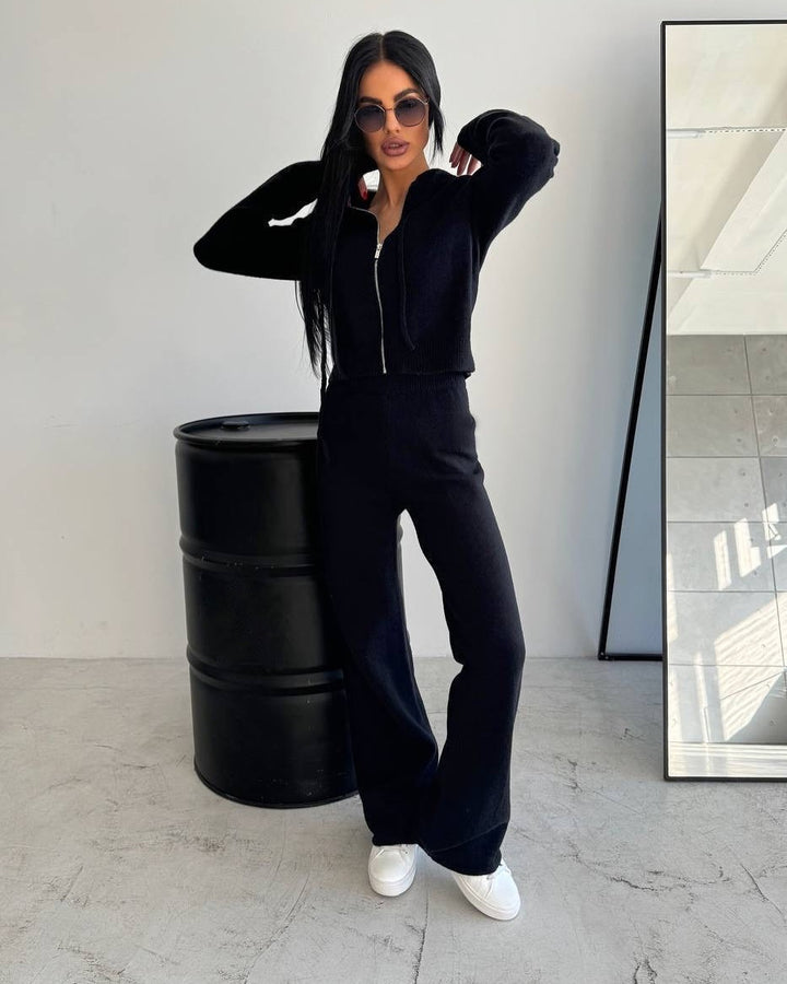 Damen Feinstrick-Loungewear-Set mit taillierter Kapuzenzipjacke und weiter Palazzo-Hose – Élanora
