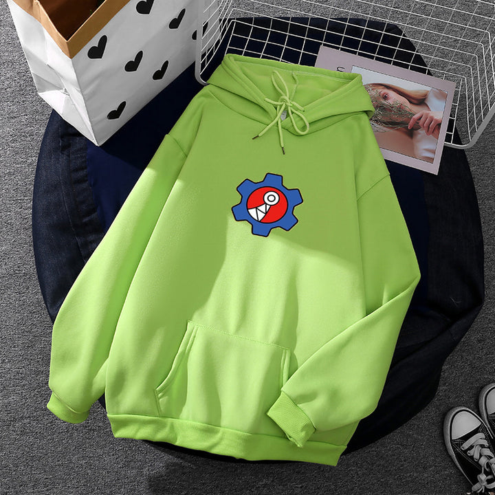 Damen oversized Fleece-Kapuzenpullover mit weicher Innenseite, Kängurutasche und appliziertem Zahnrad-Comic-Motiv – Auréline
