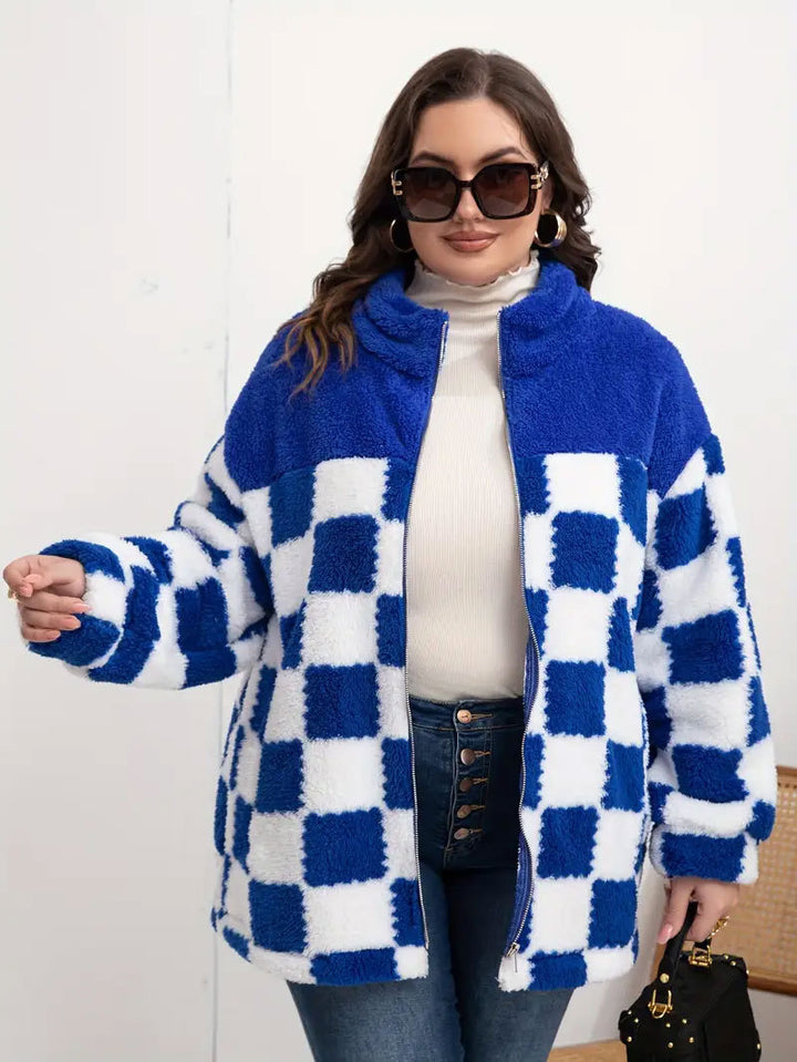 Damen Kariert‑Design Teddy‑Fleecejacke mit Stehkragen, Reißverschluss und Oversize‑Schnitt Echoarchiv