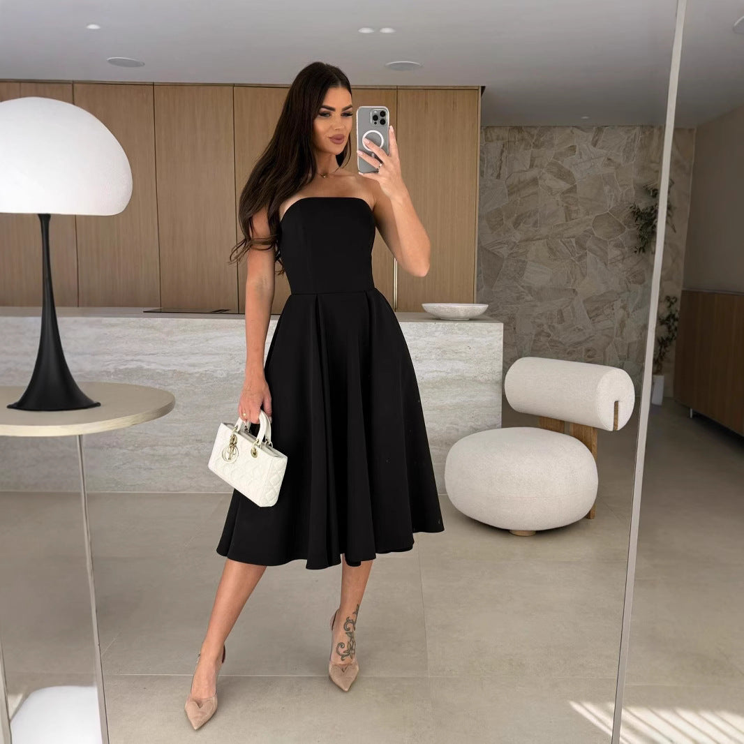 Damen A-linien Cocktailkleid mit trägerlosem Schnitt und schwingendem Rock Echoarchiv