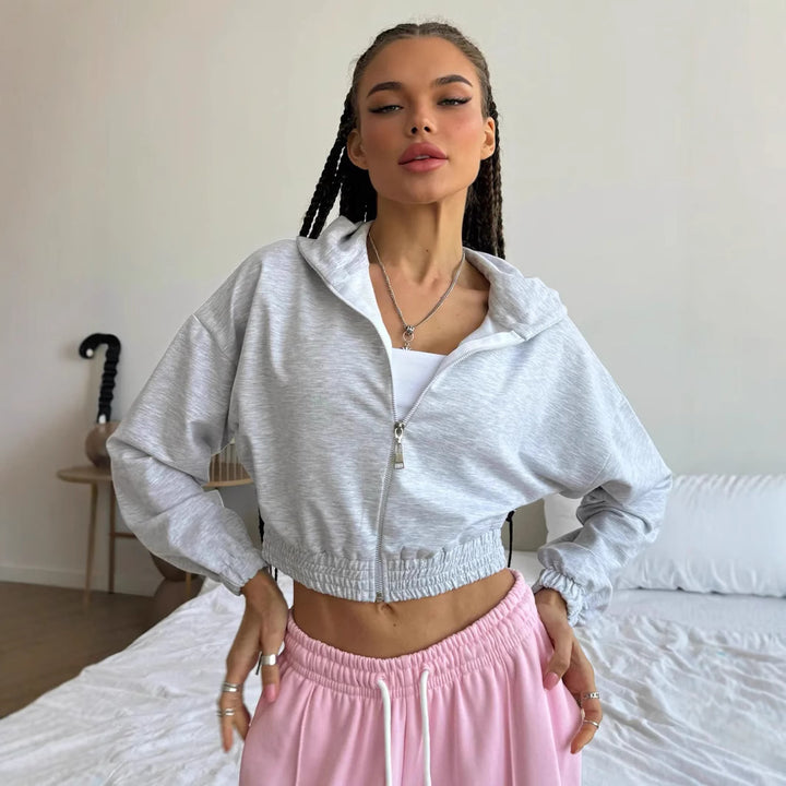 Damen Kurzgeschnittene Kapuzenjacke mit Reißverschluss, elastischem Bund und legerer Passform – Auréline